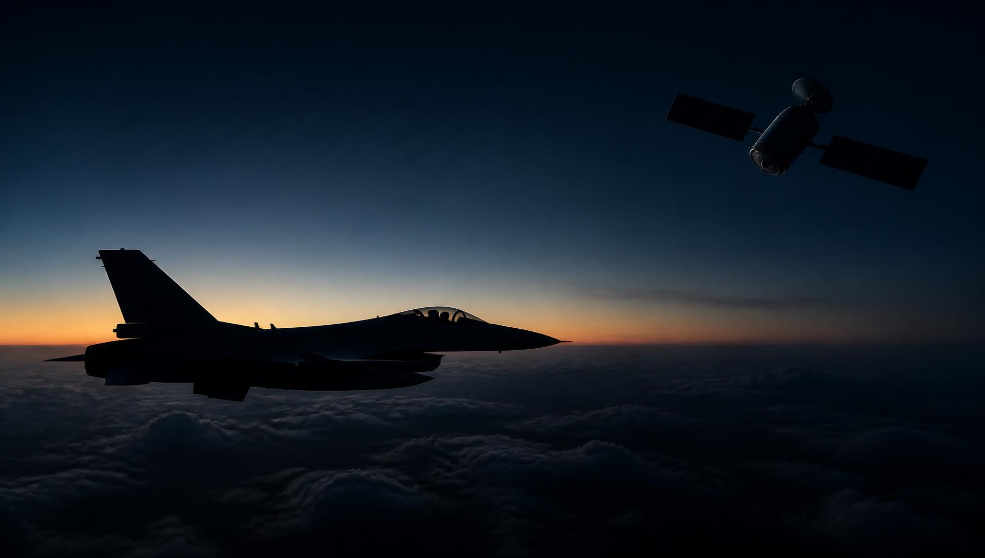 Fighter aircraft and satellite above the cloud layer at dusk